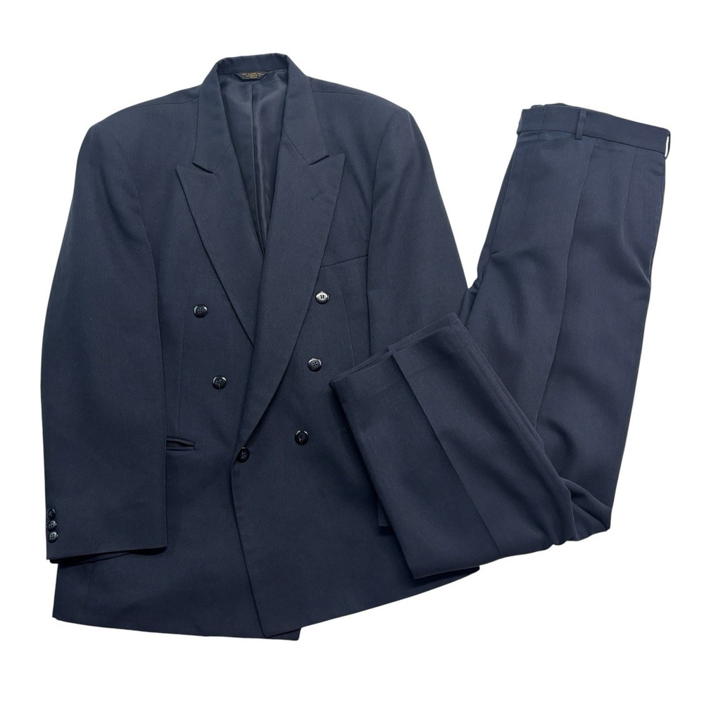 vtg 90s Farah 42R 36x30 Navy Blue Double Breasted 2pc Pant Suit High Waisted